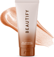 Beauty Shopify theme Beautify. Tube of 'BEAUTIFY' body liquid highlighter with swatch on a white background.