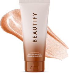 Beauty Shopify theme Beautify. Tube of 'BEAUTIFY' body liquid highlighter with swatch on a white background.