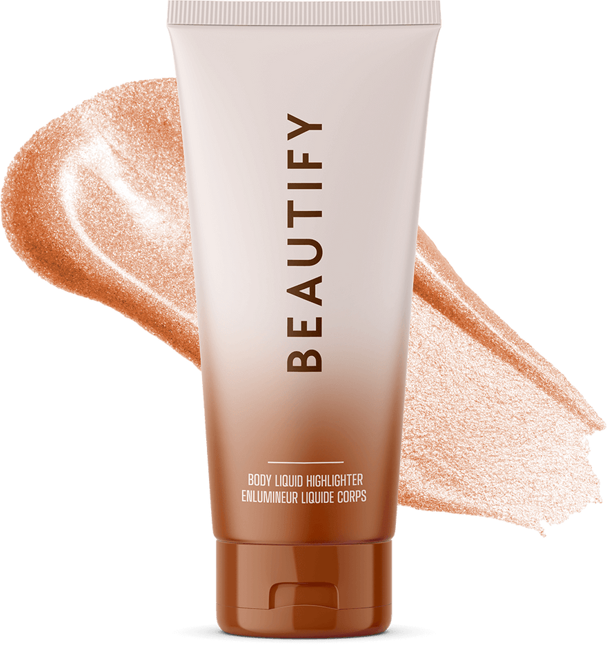 Beauty Shopify theme Beautify. Tube of 'BEAUTIFY' body liquid highlighter with swatch on a white background.