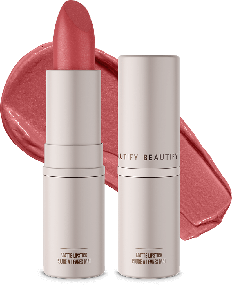 Beauty Shopify Theme Beautify. Two matte lipstick tubes with a swatch of pink color on a black background, featuring the brand ' beautify'.